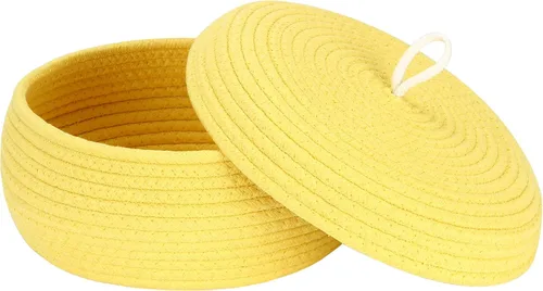 Vista 17 de Sea Team Cesta de almacenamiento redonda de cuerda de algodón con tapa, cesta de almacenamiento tejida con pompones de arcoíris coloridos, maceta