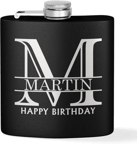 Frasco grabado personalizado de acero inoxidable negro de 6 onzas – Halpert, regalos de whisky para hombres – Frasco discreto de bolsillo de metal