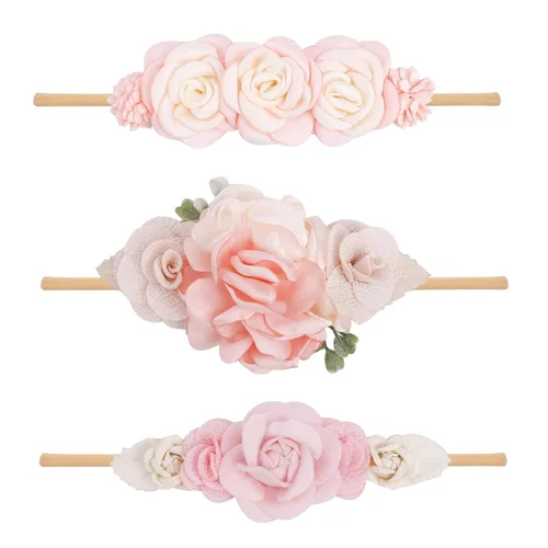Vista 13 de Diadema floral de nailon para bebé, corona de flores, banda elástica para el cabello, 3 piezas, accesorios para el cabello, regalo para niñas, 2#