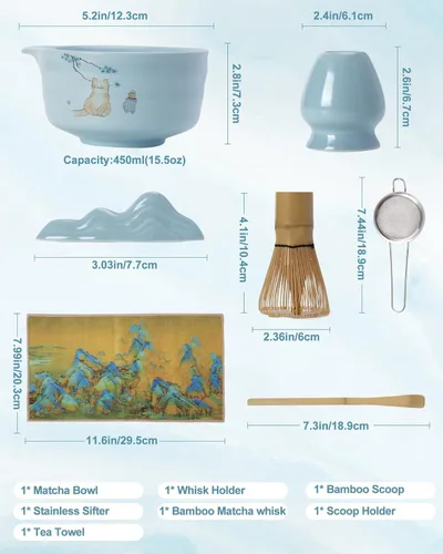 Vista 2 de Juego de batidor matcha, juego de kit matcha japonés de 7 piezas con cuenco matcha (chawan), batidor matcha y soporte, cuchara de bambú