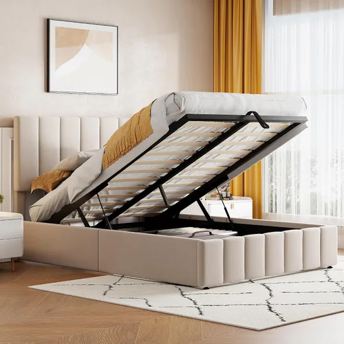 Cama de plataforma tapizada de tamaño matrimonial con almacenamiento y cabecero, marco de cama de almacenamiento elevado para niños, adolescentes y