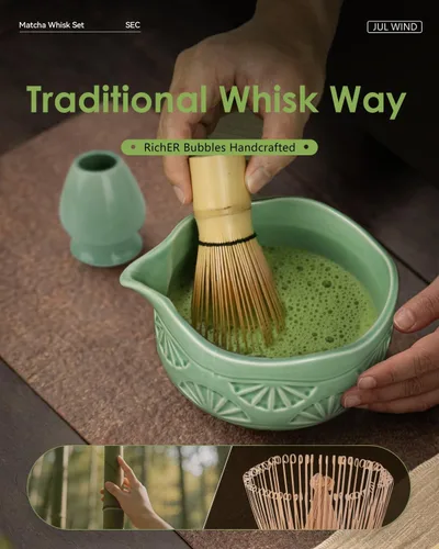 Vista 5 de Juego de batidor de matcha, juego de matcha de cerámica incluye cuenco de matcha con boquilla, batidor de matcha y soporte, cuchara de bambú, tamiz