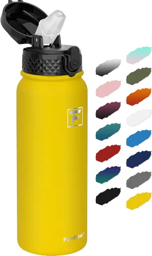 Vista 25 de Fanhaw Botella de agua aislada de acero inoxidable de 40 onzas con tapa con popote, botella deportiva extragrande a prueba de fugas para hombres