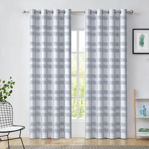 Vista 9 de Cortina opaca a cuadros para ventana, panel geométrico a cuadros, con aislamiento térmico, extra larga para dormitorio, sala de estar, ojales