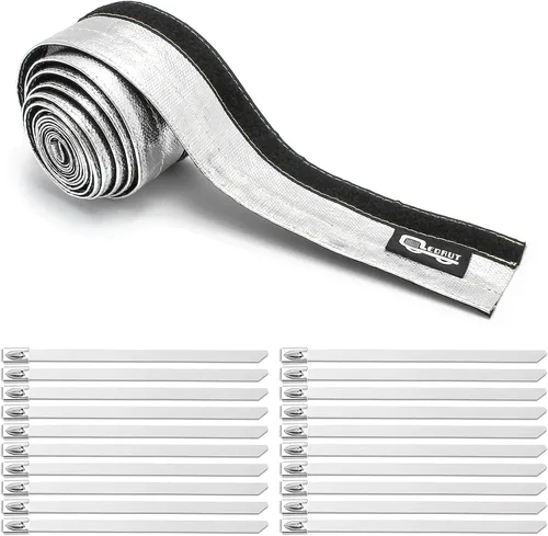 Vista 13 de Funda de calor aluminizada con protección térmica, línea de combustible, cable de calor, 1-1/2 pulgadas de diámetro interior x 10 pies con 20 bridas