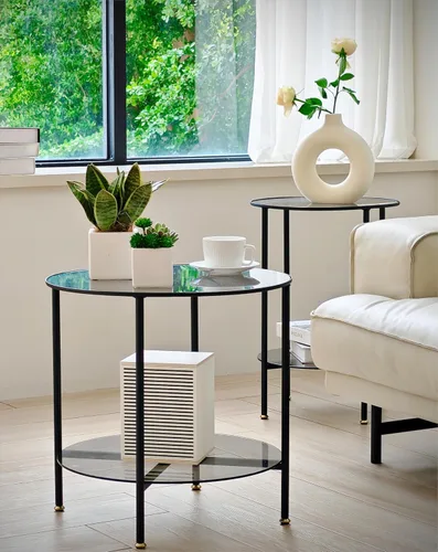 Vista 6 de Juego de mesa auxiliar de vidrio templado de 2 niveles, mesa de noche redonda de 20 pulgadas de alto, color gris