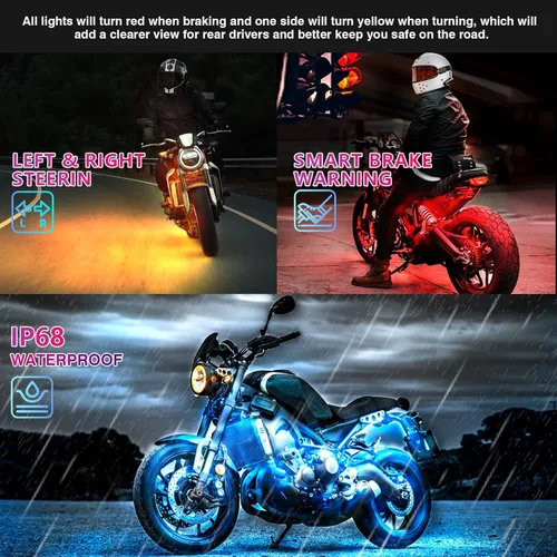 Vista 4 de Kit de 8 luces LED para motocicleta con señal de giro de luz de freno, kit de luz LED para motocicleta con control remoto APPRF, tiras de neón RGB