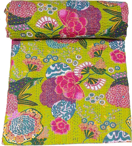 Vista 16 de Marubhumi Colchas indias hechas a mano, edredones de algodón puro reversible, edredón vintage Kantha, edredón, estampado de frutas, rosa bebé