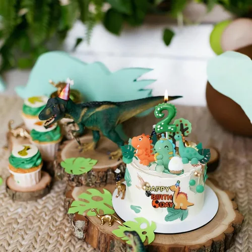 Vista 8 de Decoración para pastel de dinosaurio de 2º cumpleaños con vela de dinosaurio y huevo, 27 piezas no tóxicas Dinosaurio 2º cumpleaños