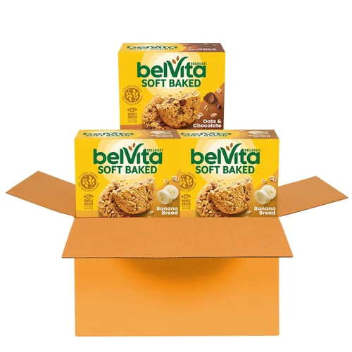 belVita Paquete Variado de Barras de Desayuno Horneadas Suaves, Pan de Plátano y Avena y Chocolate, 3 Cajas de 5 Paquetes (1 Galleta por Paquete)