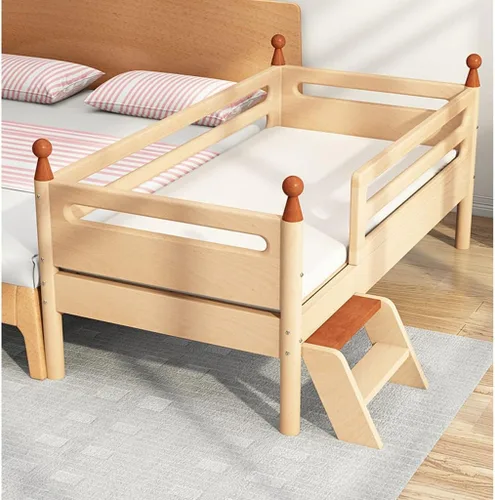 Vista 6 de Cama de madera maciza con escalera, marco de cama de plataforma de madera, colchón de empalme, cama infantil ampliada con riel de seguridad