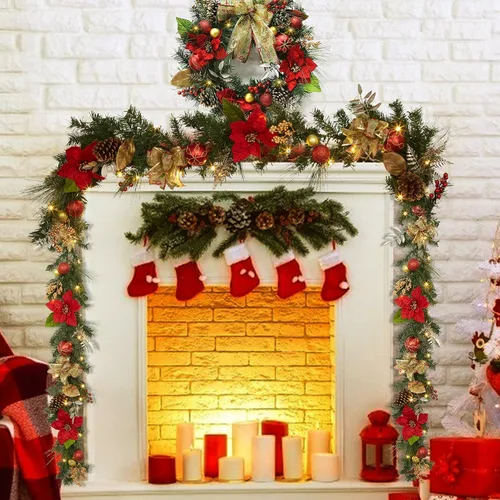 Vista 5 de Adeeing Guirnalda de Navidad de 6 pies con luces, guirnalda artificial preiluminada de Navidad con conos de pino y flor de pascua, guirnalda