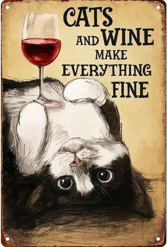 Cats And Wine Make Everything Fine Poster Retro Kitchen Bedroom Motivation Living Room Signs 8x12 Inch Wall Decor Metal Sign Posters for Bathroom