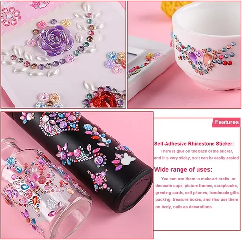 Vista 4 de 14 hojas de calcomanías de diamantes de imitación, joyas y gemas autoadhesivas para manualidades, álbum de recortes, multicolor