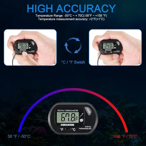 Vista 4 de Termómetro de acuario LCD digital para pecera, con sonda de sensor resistente al agua y ventosa para incubadoras de tortugas, termómetro de agua
