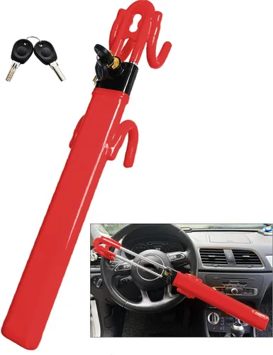 Dodomes Bloqueo de Volante Antirrobo de Alta Resistencia Seguro para Coche, Abrazadera de Longitud Ajustable, Doble Gancho, Bloqueos de Ajuste Rojo