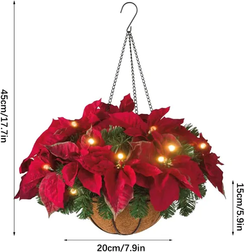 Vista 7 de Cesta colgante de flor de pascua artificial de 17.7 pulgadas, arreglo floral de flores de Navidad con arbusto (#1)