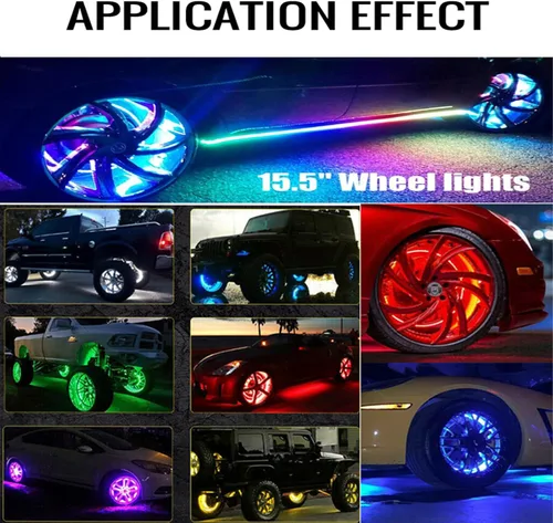 Vista 5 de Luces de anillo de neumáticos de 15.5 pulgadas con 288 luces LED de colores de ensueño para llantas de coche con control remoto y aplicación