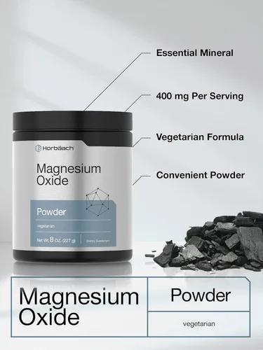 Vista 3 de Horbäach Polvo de óxido de magnesio 400 mg 8 onzas (8.01 oz) Suplemento vegetariano, sin OMG y sin gluten