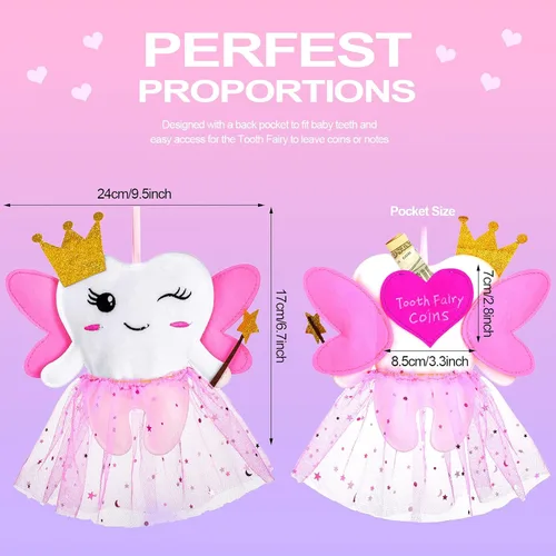 Vista 2 de Breling Kit de almohada de dientes para niñas, regalo de dientes, almohada con bolsillo que incluye soporte para dientes perdidos, bloc de notas