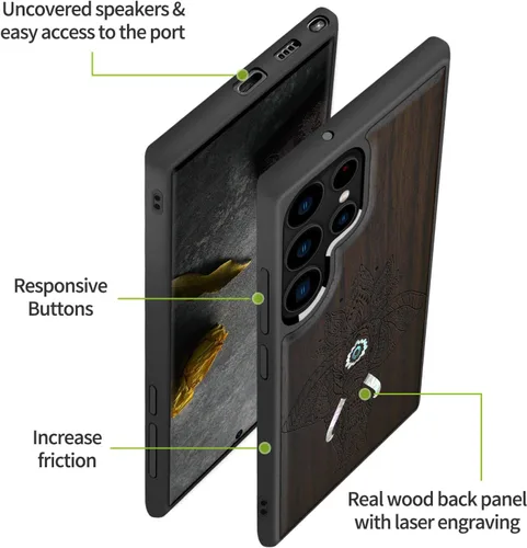 Vista 6 de Carveit Funda de madera de diseñador para Samsung Galaxy S22 Ultra (grabado en madera e incrustaciones de carcasa), funda de madera única compatible