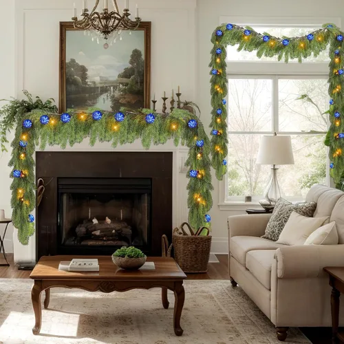 Vista 6 de Ceenna Guirnalda de Cedro de Navidad Preencendida de 6.2 Pies con Luces, Guirnalda de Pino Artificial, Decoraciones Navideñas con Adornos de Bolas