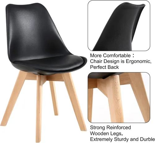 Vista 7 de LSSBOUGHT Sillas de comedor de estilo moderno, silla de plástico Shell Lounge con asiento acolchado suave y patas de madera maciza, juego de 4 Negro