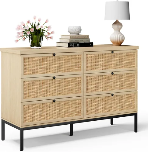 Vista 7 de Yechen Cómoda moderna de 6 cajones de 47.2 pulgadas de ancho con cajones de ratán natural, cómoda de madera industrial para dormitorio con patas