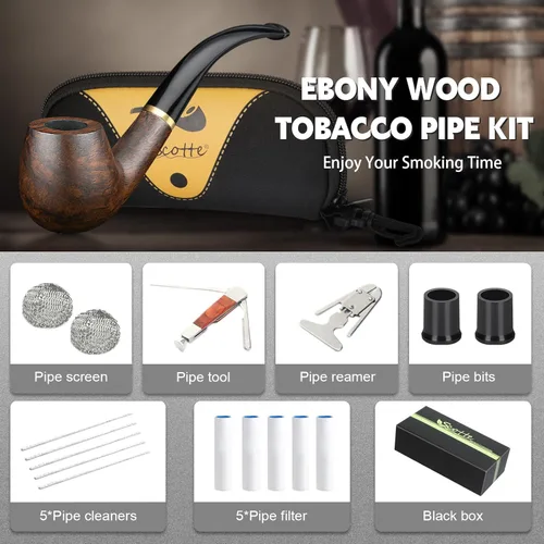 Vista 3 de Scotte pipa para fumar tabaco de madera de ébano lobular, pipa para tabaco, elemento filtro de 9 mm