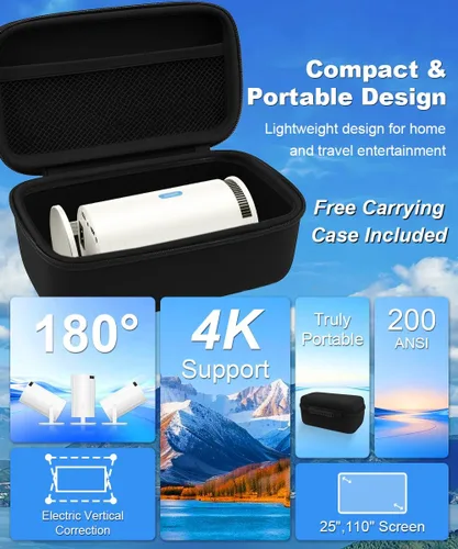 Vista 3 de Mini proyector, proyector portátil nativo 1080P con estuche de transporte, soporte 4K, proyector de películas al aire libre rotatorio de 270°