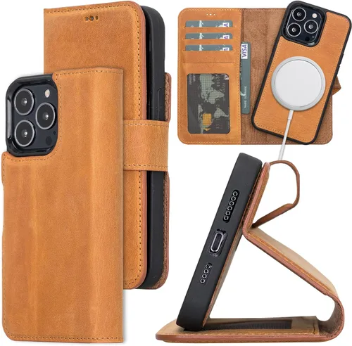 Vista 31 de Bayelon Funda para iPhone 13, funda de cuero de grano completo, [2 en 1] Cartera magnética desmontable para teléfono, funda abatible con ranuras