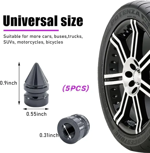 Vista 2 de 5 piezas de tapas de válvula de neumático de coche, cubiertas de vástago de válvula de rueda de aluminio con puntas, tapas anticorrosivas