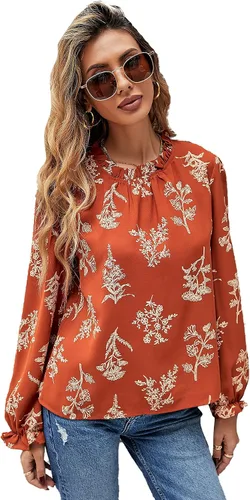 Floerns - Blusa de chifón georgette de manga larga con estampado floral y cuello alto
