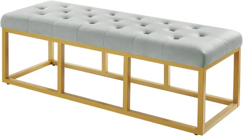 Vista 3 de 24KF Banco largo tapizado con patas de metal dorado, banco de terciopelo gris con asiento acolchado, gris