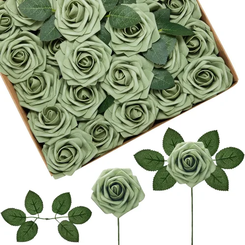 Vista 32 de InnoGear Flores artificiales, 50 unidades de rosas falsas de espuma polvorienta a granel con tallos para decoración, ramos de boda, centros de mesa