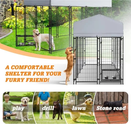 Vista 8 de Perrera grande para perros de 8 x 4 x 6 pies con techo, corral de acero soldado resistente al aire libre con cuencos giratorios, jaula para perros