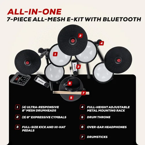 Vista 6 de Alesis Turbo Max Set de Batería Eléctrica con Almohadillas de Malla Silenciosas de 8", Lecciones, Bluetooth y Accesorios, Plegable