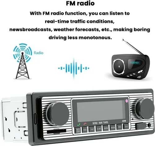 Vista 3 de Estéreo clásico para automóvil con Bluetooth, llamadas manos libres y control de voz, radio FM, reproductor de MP3, puerto USB/SD/AUX, carga rápida
