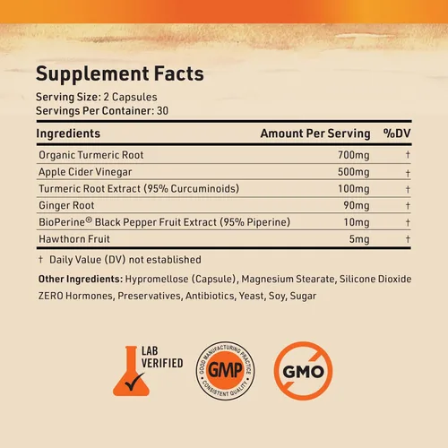 Vista 7 de Nature's Base Turmeric and Ginger Supplement - with Curcumin, Apple Cider Vinegar & BioPerine Black Pepper Extract - 95% Curcuminoids - 60 Capsules