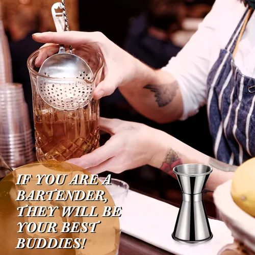 Vista 6 de Hoteam 9 piezas de acero inoxidable Jigger para bartending 1 y 1/2 oz cóctel Jigger Shot taza medidora 0.5 fl oz y 1.0 fl oz estilo japonés doble