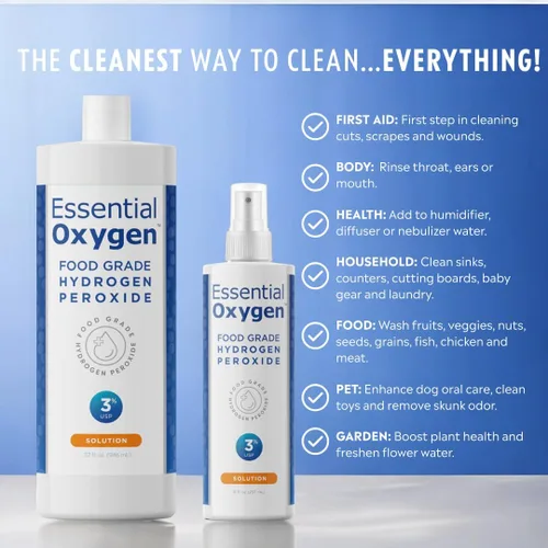 Vista 2 de Essential Oxygen, Peróxido de hidrógeno de grado alimenticio, 8 + 32 onzas líquidas, limpiador natural, 3%, spray de 1 a 8 onzas líquidas y 1