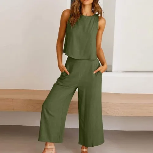 Vista 3 de InterNos Conjunto de 2 piezas de verano para mujer, sin mangas, con botones en la espalda, pantalones cortos de pierna ancha, conjunto de lino