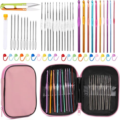Vista 15 de IMZAY Juego de 54 piezas de agujas de crochet, kit de ganchos de crochet con estuche de almacenamiento, agujas ergonómicas para tejer de punta romo