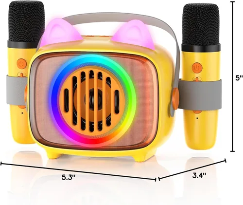 Vista 10 de Máquina de karaoke para niños con 2 micrófonos inalámbricos, altavoz portátil Bluetooth de karaoke con luces LED, regalo ideal para niñas, niños