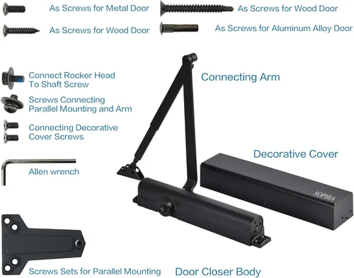 Vista 5 de SOPHIA Cierrapuertas de grado comercial 1, cierrapuertas automático resistente, totalmente ajustable para puertas de 44 a 330 libras, cierre
