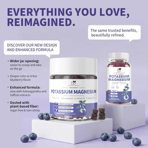 Vista 2 de Paquete de 2 gomitas de potasio y magnesio, gomitas de potasio sin azúcar con glicinato de magnesio, 500 mg de suplementos masticables de potasio