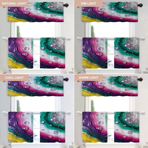 Vista 9 de Shrahala Blue Bright Tier Curtains for Kitchen Windows, Colorful Acrylic Paint Pour Abstract Design Cafe Curtain Multilayer Polyester Blackout Half