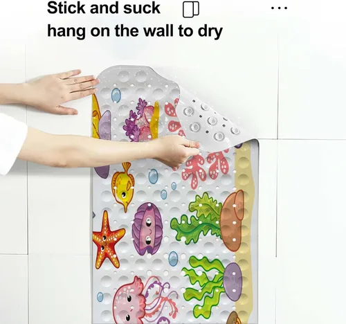 Vista 5 de LNOND Bath Mat for Tub for Kids, Cartoon Sea World Large Bathtub Mat, Kids Bath Mats for Bathroom Non Slip with Drain Holes and Suction Cups,Machine
