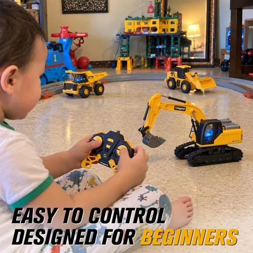 Vista 4 de kolegend Camión volquete RC de juguete para niños, camión volquete de control remoto con cama volquete de trabajo, juguete de construcción RC de 2.4