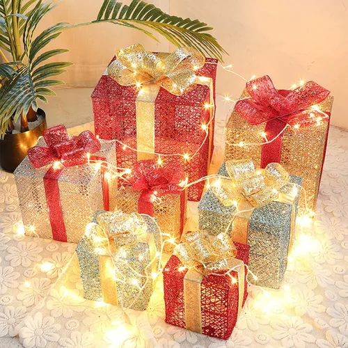 Vista 9 de Juego de 3 cajas de regalo iluminadas de Navidad, cajas de regalo iluminadas de Navidad con lazo, cajas de regalo preiluminadas, cajas de Navidad